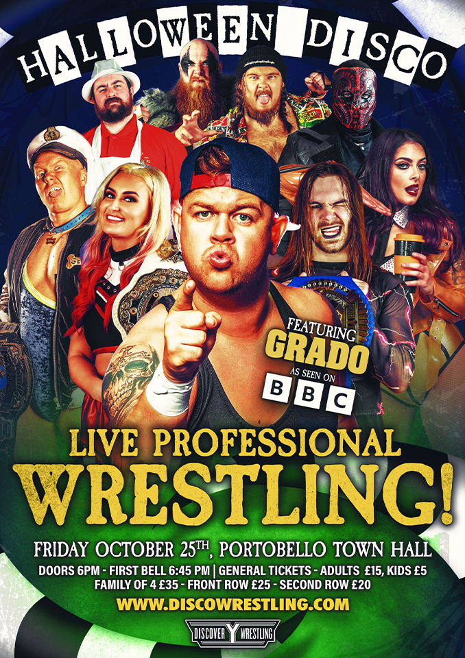 Poster advertising Discovery Wrestling's October Halloween Show featuring Grado